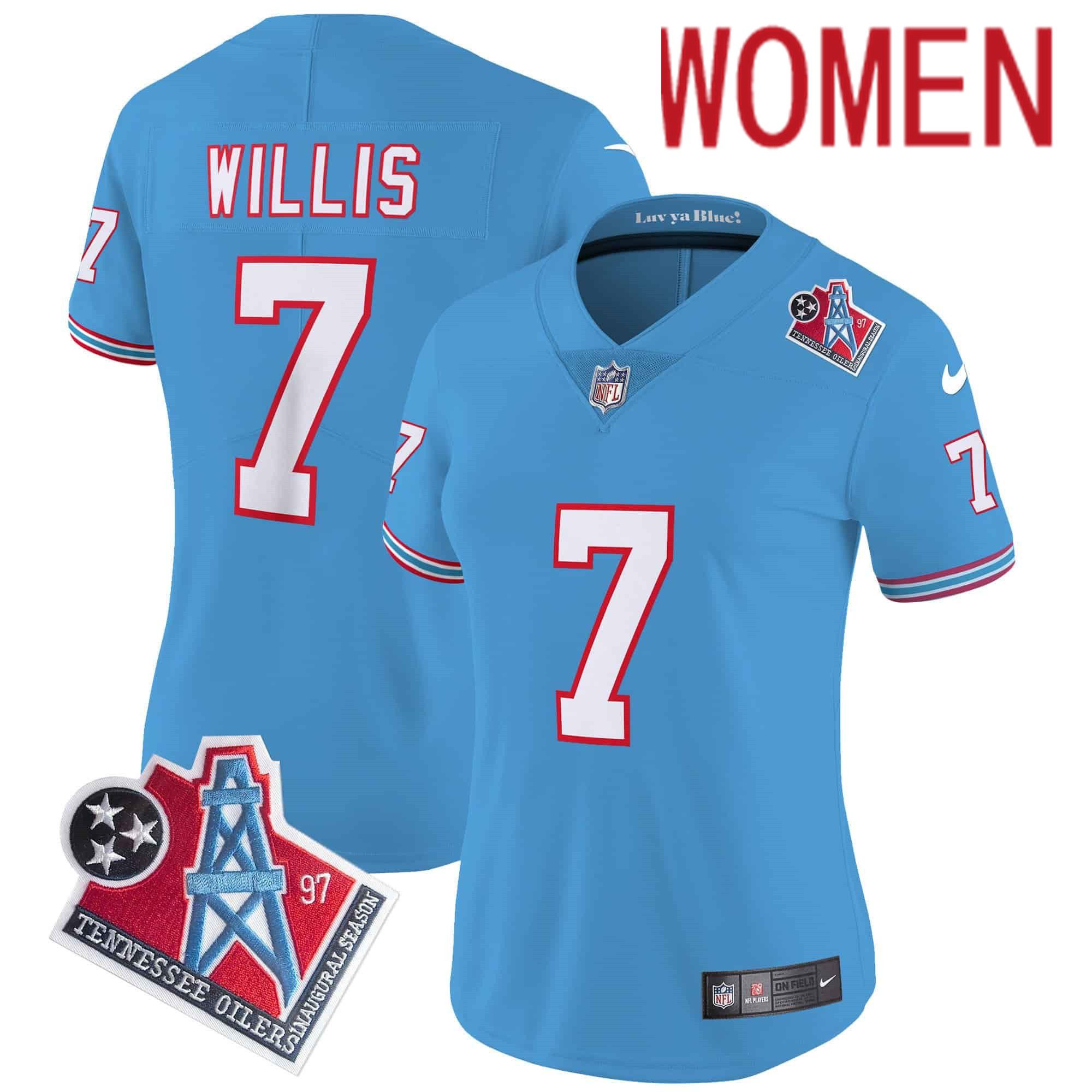 Women Tennessee Titans 7 Willis Light Blue 1997 Throwback 2024 Nike Limited Vapor NFL Jersey
